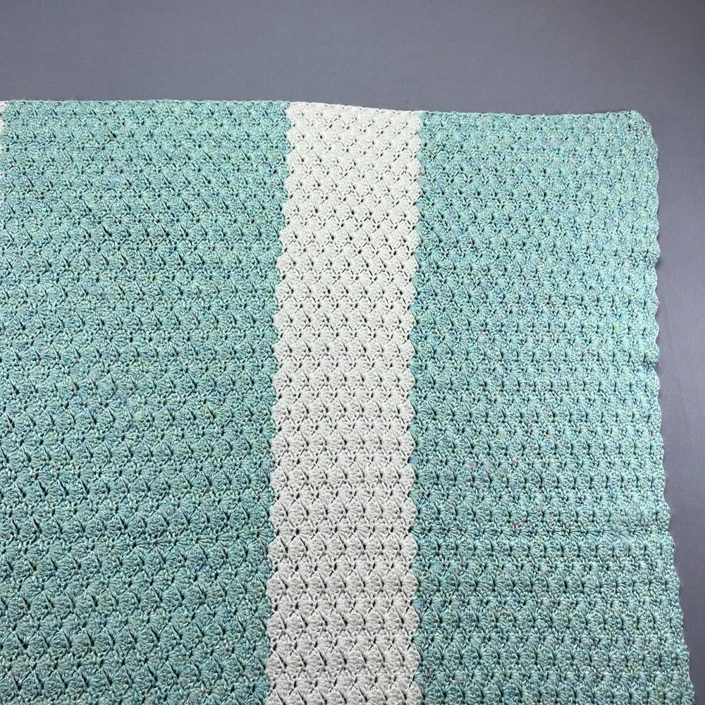 Handmade Crochet Throw Baby Blanket Teal White Striped Soft Knit (38